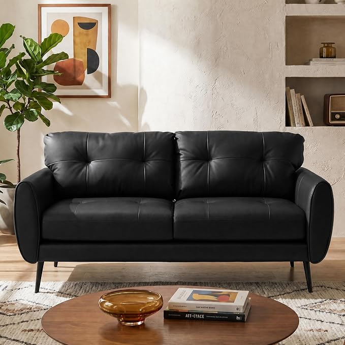 TYBOATLE Sofa Couch 61" Small Loveseat Couches for Living Room Leather Couch Mid Century Modern Tufted Mini Sofa Comfy Office 2 Seat Settee Love Seat for Small Spaces Bedroom (3, Black)