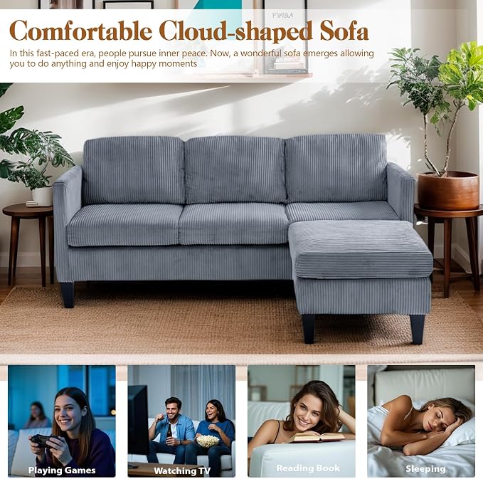 67'' L-Shaped Velvet Modular Sectional Couch Sofa with Ottoman, 3-Seat Convertible Cloud Deep Seat Sofa Couches for Living Room Bedroom Apartment, Cozy Chaise Lounge Sofas (Gray)