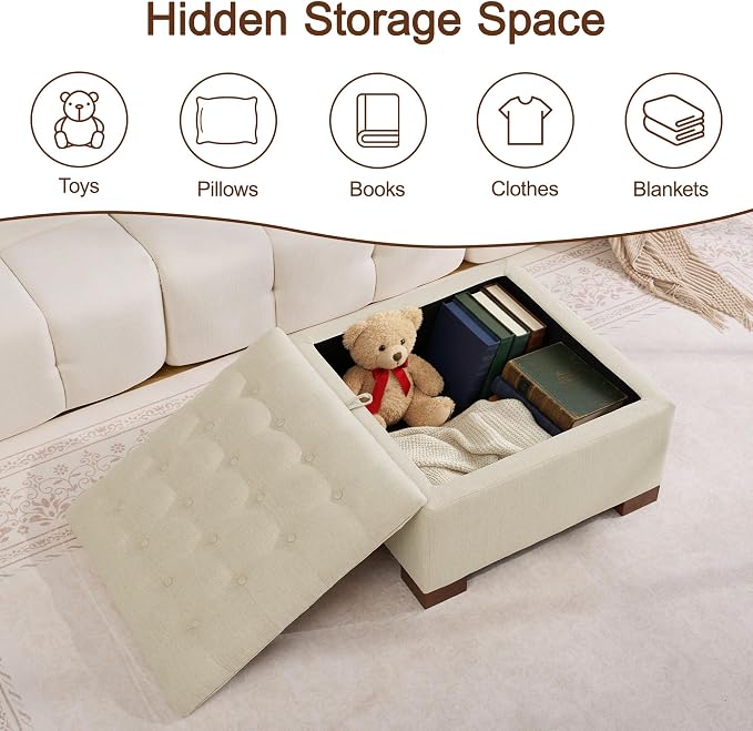 WUTUTUEE 30" Fabric Square Storage Ottoman with Wooden Tray, Modern Tufted Button Footstool Coffee Table, Upholstered Large Ottoman for Living Room, Bedroom, Khaki
