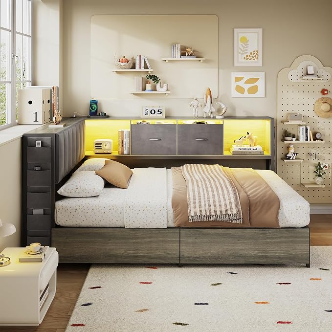 MapleGrace Twin Corner Bed Frame with Upholstered Storage Headboard and Drawers, Metal Platform Bed Frame with LED Light and Charging Station, Twin Daybed for Living Room, Bedroom & Guest Room, Gray