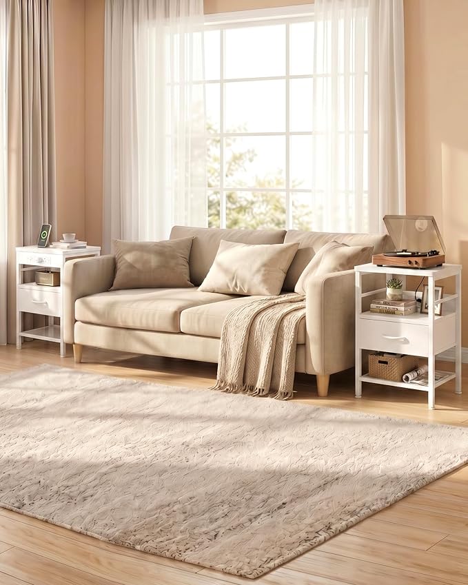 Lazzanto Nightstands Set of 2 with Charger Station, White Night Stand | Open Shelf | Hooks | USB-C USB-A Ports AC Outlets | Fabric Drawer | Bedroom | Living Room | Dorm