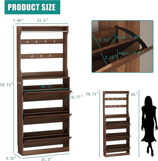 Shoe Cabinet for Entryway with 3 Flip Drawers, Walnut Tall Wood Shoe Storage Cabinet with Coat Rack, Narrow Hidden Slim Freestanding Shoe Rack Organizer, 2 in 1 Hall Tree for Living Room, Hallway