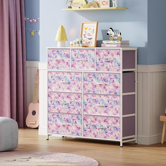 WLIVE 9 Drawer Dresser, Fabric Storage Tower for Bedroom, Hallway, Closet, Tall Chest Organizer Unit for Bedroom with Fabric Bins, Steel Frame, Wood Top, Tie-dye Print (Pink, Purple, Blue)