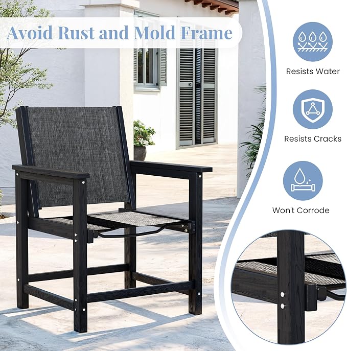 Amopatio Outdoor HDPE Dining Chairs Set of 6 All-Weather Patio Chairs with Textilene Backrest Heavy Duty for Porch Backyard Deck Lawn Garden, Black