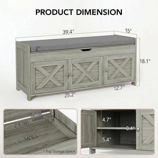 Marsail Shoe Storage Bench with Seating, Farmhouse Entryway Bench with Shoe Storage and Cushion, Under Window Benches Wooden Ottoman for Bedroom, Entry Way, Living Room, Grey