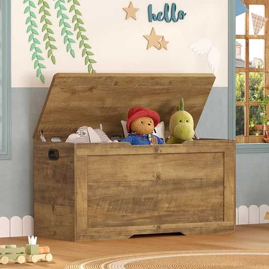 usikey 39.4” Storage Bench, Toy Box with 2 Safety Hinges, Lift Top Storage Chest, Toy Chest for Living Room, Bedroom, Entryway, Honey Brown