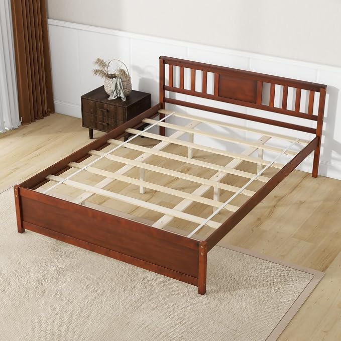 Giantex Queen Size Solid Wood Platform Bed Frame, Mid Century Queen Bed Frame with Headboard, Wood Slat Support, Panel Bed, No Box Spring Needed, Easy Assembly, Walnut