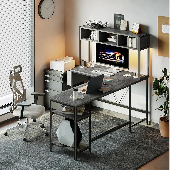DUMOS 67" L Shaped Gaming Desk, Reversible Computer Desks with LED Lighting, Corner Desk for Compact Spaces with Keyboard Tray & Storage Shelf, Metal Frame PC Gaming Table for Home Office, Gray