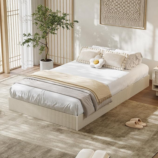 Garvee Twin Bed Frame, Wood Platform Bed with Fluted Design, Low Profile BedFrame, Minimalist Bed Base with Noise-Free, Easy Assembly, No Box Spring Needed, Cream