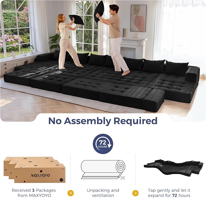 MAXYOYO Modular Sectional Sofa Couch, Foldable Oversized U Shaped Cloud Couch with Pillows, Tufted Boneless Lounger Floor Sofa Bed for Living Room, No Assembly Required, Black