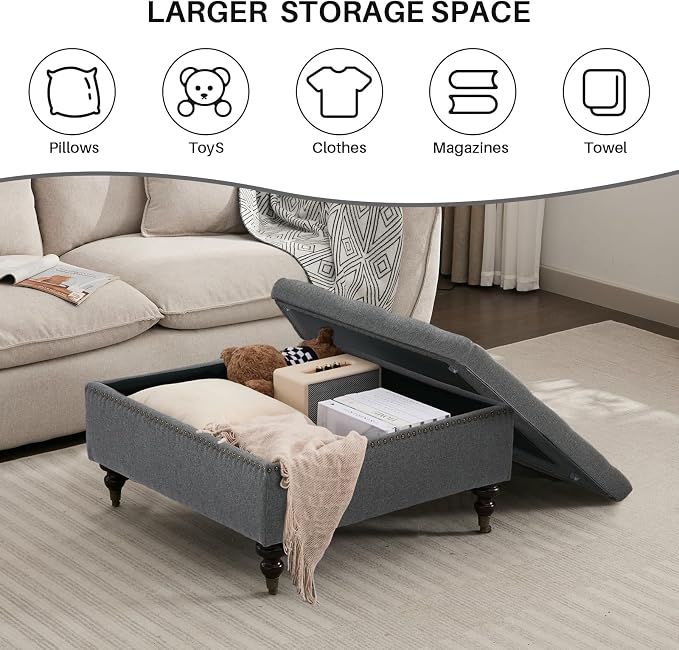 Large Square Storage Ottoman Uphlostered Tufted Button Coffee Table, Oversized Footrest Bench with Castered Rolling Wheels for Living Room, Dark Grey Linen Waterproof