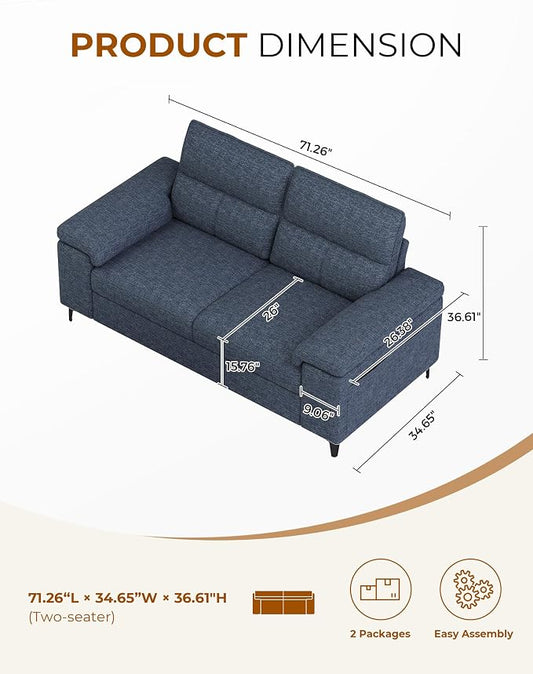 Upvilla 71.25" Modern Sofa Couch for Living Room, Deep Seat Sofas with 8”Cushion, Comfy 2-Seater Chenille Loveseat with Convertible Armrest, Removable Sofa Cover, High Leg(Blue)