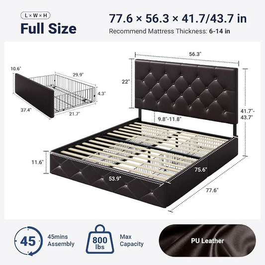 Allewie Upholstered Full Size Platform Bed Frame with 4 Storage Drawers and Headboard, Diamond Stitched Button Tufted, Mattress Foundation with Wooden Slats Support, No Box Spring Needed, Black Brown
