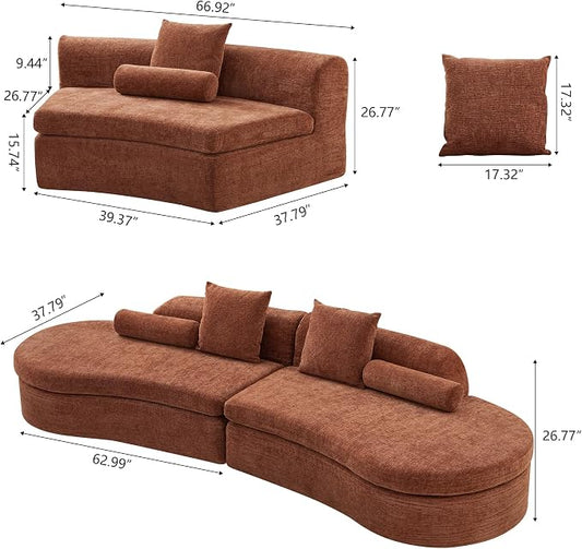 126" Curved Modular Sectional Sofa, Chenille Upholstered Cloud 4 Seater Couch for Living Room, No Assembly Modern Love Seat Sofa with 2 Bolster Pillows & 2 Square Pillows, High-Density Foam, Orange