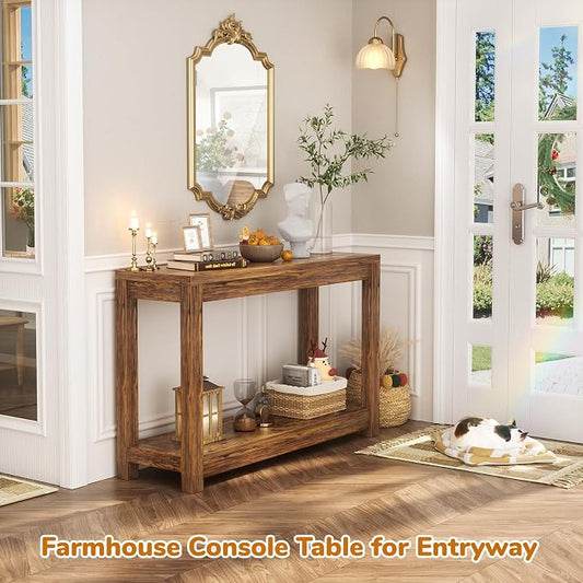Besiost 32" Farmhouse Wood Entryway Table Narrow Console Table with Storage Behind Couch Sofa Table with Shelves Entry Way Table with Open Storage, Easy Assembly, Rustic Brown