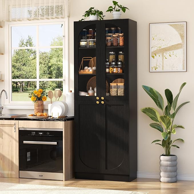 Cyclysio 80" Kitchen Pantry, Tall Arch Storage Cabinet with Tempered Glass & Soft Close Doors, Freestanding Wood Floor Cupboard Bookcase with Seamless Fit Wall for Dining Room, Living Room, Bathroom