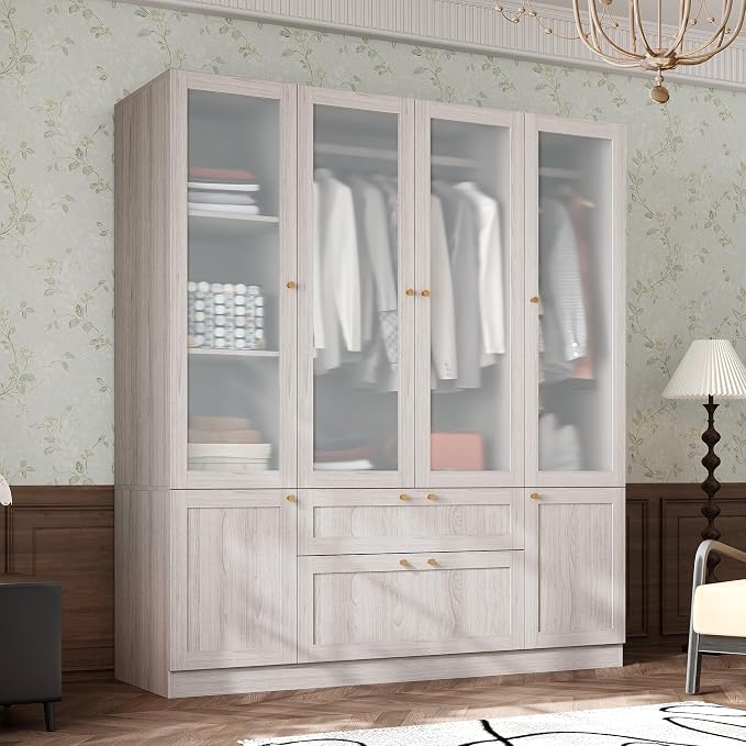 Modern Almirah for Clothes, Large Tall Storage Closet Cabinet with Frosted Tempered Glass Doors and Shelves, Standing Armoire Clothes Closet with Storage Drawers for Bedroom,Light Wood Grain