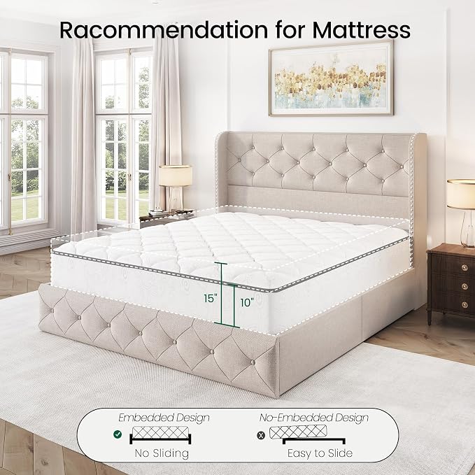 LARMACE Full Size Bed Frame with 4 Storage Drawers and Wingback Headboard Linen Upholstered Platform Bed Frame Tufted Beds with Wooden Slats Support, Easy Assembly, Beige