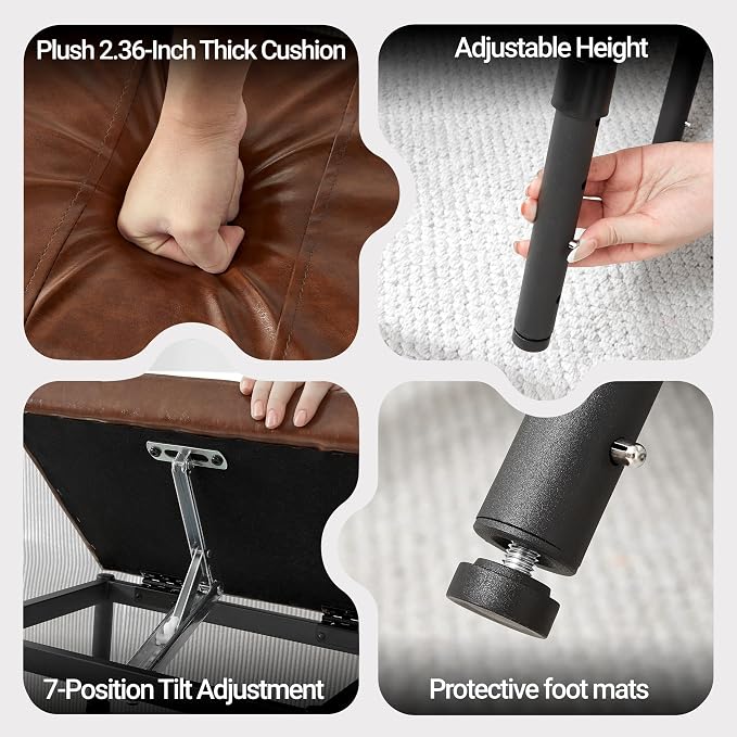 TIOPGHAD Adjustable Ottoman Pouf, 60 Degree Tilt, Brown Synthetic Leather | 4-Height Footrest, 28 Positions, Iron frame, Foam Cushion, 15.74 x 11.81 x 13.34 in, Under Desk, Living room, Home Office"