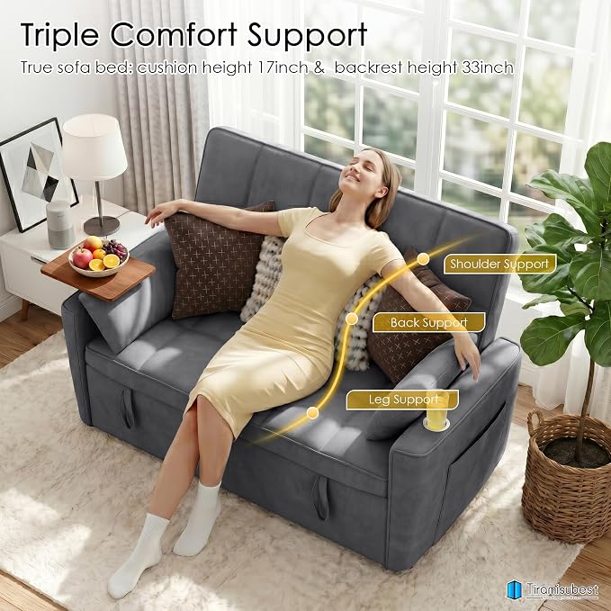 54'' Sleeper Sofa Bed, Convertible Pull Out Couch Futon for for Living Room,Apartment (Darkgrey) Side Desk, USB Ports, Cup Hold, Velvet Fabric, Adjustable Backrest, Easy Assembly