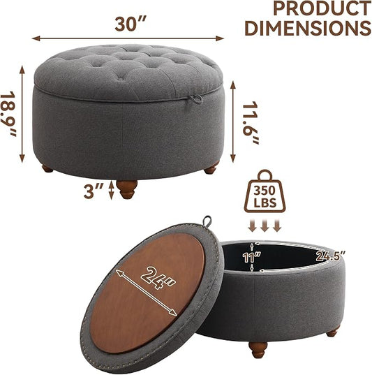 WUTUTUEE 30Inch Round Storage Ottoman with Tray, Modern Tufted Fabric Circle Coffee Table with Storage, Upholstered Ottoman with Removable Top for Living Room, Bedroom, Dark Grey