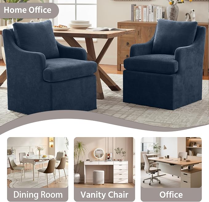 VKNOW Upholstered Dining Chairs Set of 2, Modern Kitchen Chairs Dinner Chairs with 4 Casters, Chenille Armchair for Bedroom Reading Room Living Room, Blue