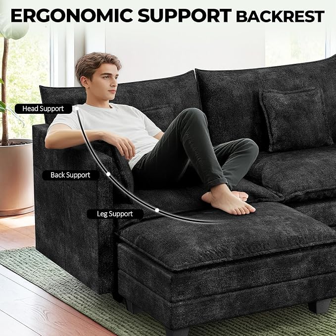 LEVELEVE 112.5" L-Shape Modular Sofa with 1 Ottomans, Deep Seat Cloud Convertible Sleeper, 3 Throw 2 Arm Pillows, Comfortable Upholstered Furniture for Living Room Apartment, Black