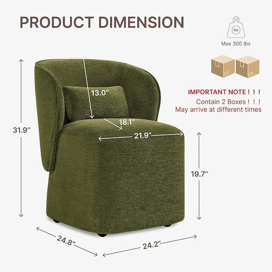 KISLOT Upholstered Dining Chairs with Wheels, Easy Assembly Stain Resistant Fabric Modern Barrel Armchair with Lumbar Cushion, Dining Room Chairs for Kitchen Living Room Bedroom, Green, Set of 2