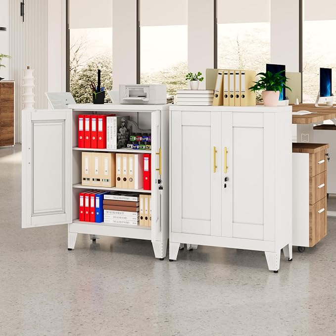White Metal Storage Cabinet, 36" Tall Locking Storage Cabinet with 2 Adjustable Shelves, Steel Locker Organizer, for Office, Home, School, 11.81" D x 23.62" W x 35.83" H
