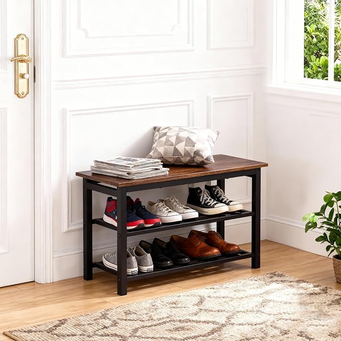 Shoe Rack Bench, Industrial Entryway Storage Bench Organizer with Multiple Tiers and Wood Seat, Rustic Brown (3-Tier)