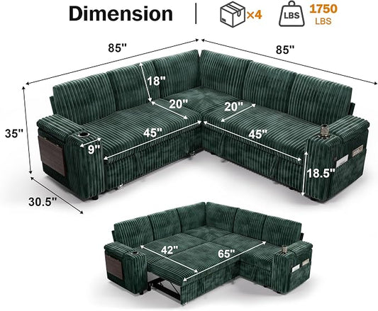 WEUP 86" Modular Sectional Sleeper Sofa with Pull Out Bed, 5 Seat Plush Corduroy L Shaped Couch with USB Ports|Cup Holders|Side Table|Storage Seat Armrests, Tool Free Assembly, Green