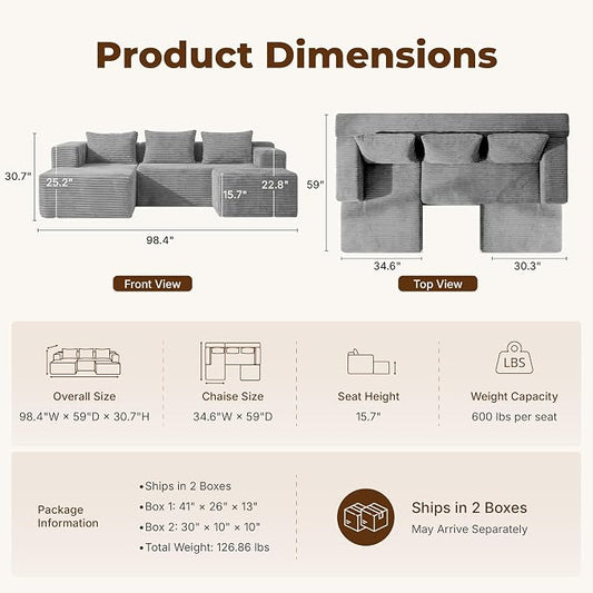 Modular Sectional U-Shaped Sofa with Deep Seat, Modern Boneless Comfy Corduroy Fluffy Couch with Side Pockets and Anti-Slip & Floor-Friendly Bottom for Living Room, No Assembly, Light Grey