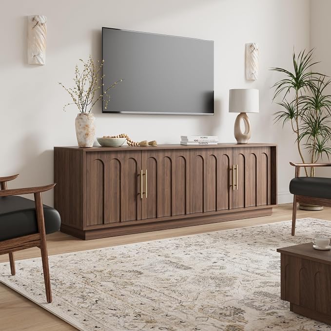 FORTUNETEC TV Stand for 75 Inch TV, Mid Century Modern TV Stand with Arched Design, Wood Grain Finish, Media Console with Adjustable Shelves, 67" Entertainment Center for Living Room Bedroom, Walnut