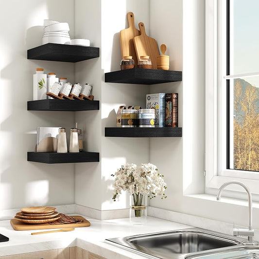 Fun Memories Floating Shelves for Wall 10 Inch, 10 Inch Deep Square Wall Shelves, Bathroom Storage Shelves Over Toilet, Wood Floating Shelves for Living Room Bedroom, Black, Set of 2