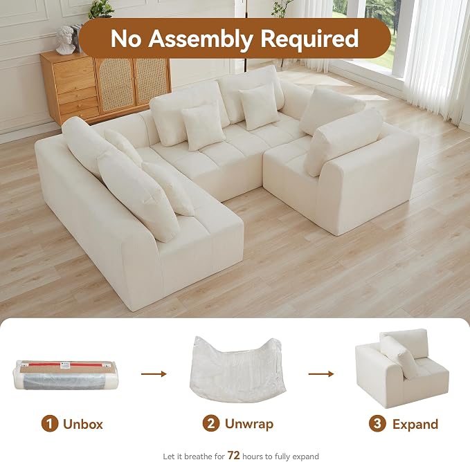 110''Modular Sectional Couches for Living Room, Cloud Boneless Compressed Sectional Sofa, Oversized U Shaped 5 Seater Upholstered Memory Foam Sofa, No Assembly, Chenille Beige