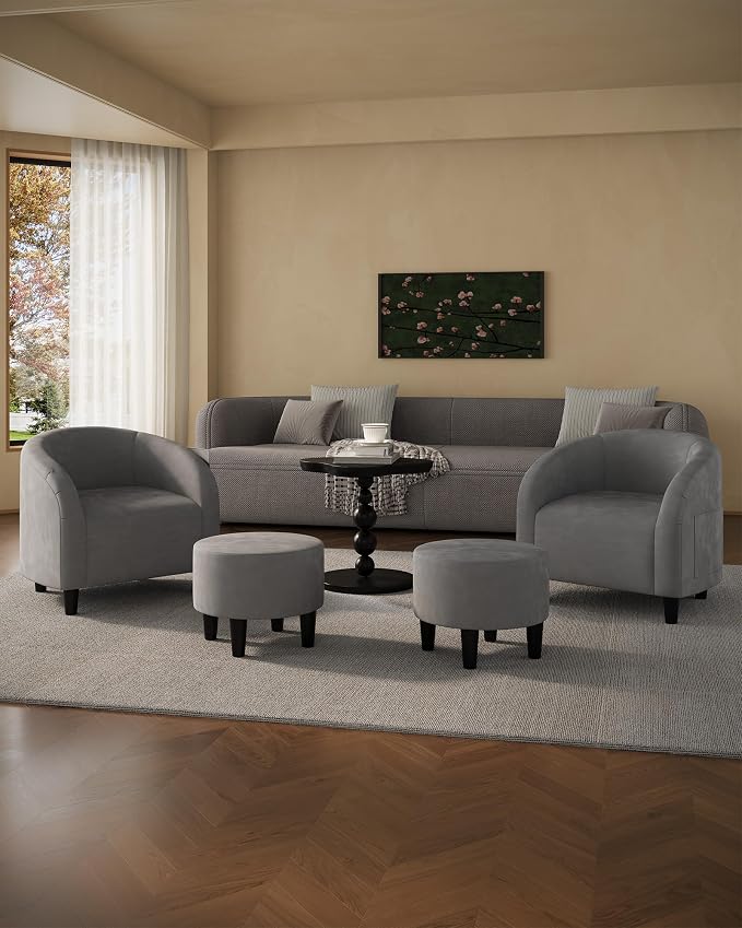 GarveeHome Chair and Ottoman Set, Modern Velvet Barrel Armchair for Living Room, Comfortable Side Chair with Footrest for Apartment Small Space, Grey