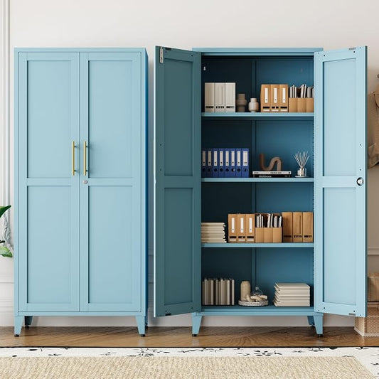 Lockable 61 Inch Tall Metal Storage Cabinet,2-Door Metal Pantry Cabinet with Adjustable Shelves, 4-Tier Steel Storage Locker for Bedroom Kitchen, Home Blue 61" H X 27.6" W X 13.8" D