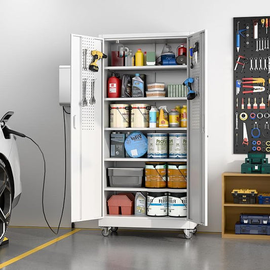 Reemoon 71" H Garage Storage Cabinet with Wheel, Metal Storage Cabinet with Doors,5 Adjustable Shelves and Pegboard for Garage Home Office,Required Assembly,White,71" H×32" W×16" D
