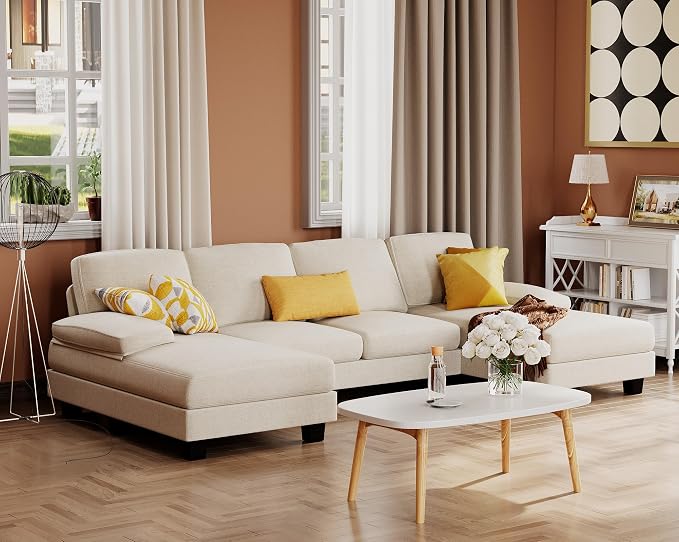 Furmax Sectional Couches for Living Room, U-Shaped Sofa Couch with Linen Fabric, 4 Seat Sofa Set with Double Chaise for Apartment (Chenille, White)