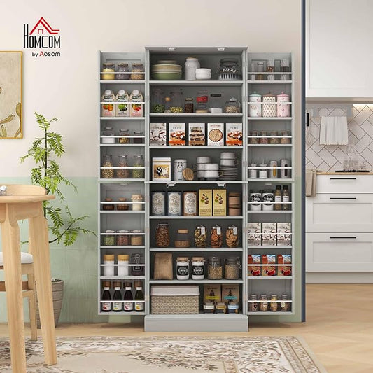 HOMCOM 65" Kitchen Pantry Storage Cabinet, Freestanding Kitchen Cabinet with 16 Door Shelves, Double Doors, 8-Tier Shelving and Adjustable Shelves, Gray