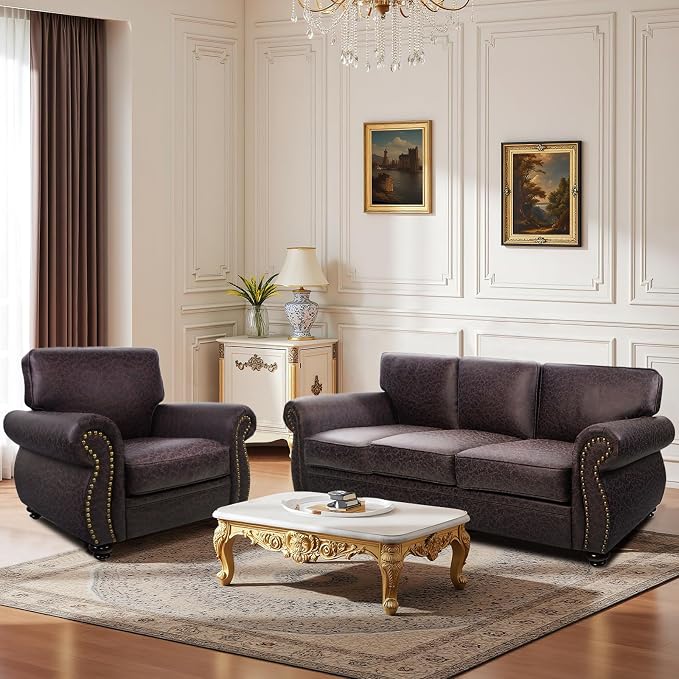 Couchus Mid-Century Vintage Sofa Couches with Rivet Design,loveseat Sofa,Removable Sofa Cover Upholstered Cushions and Solid Wood Frame (Brown, Loveseat)