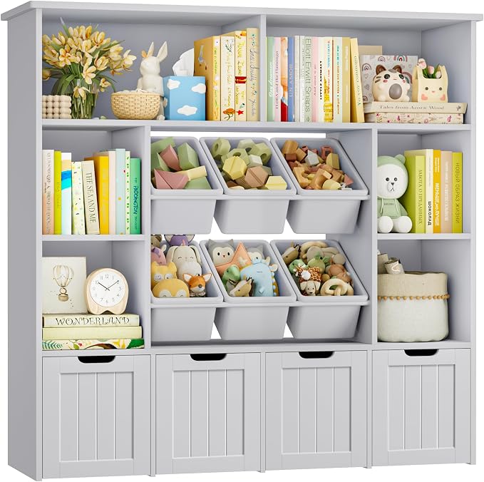FINETONES Toy Storage Organizer with 6 Toy Bins, Toy Organizer Kids Bookshelf with 4 Movable Drawers and 6 Storage Cubbies, Toy Bins for Kids Organizer Playroom Storage for Living Room, Grey