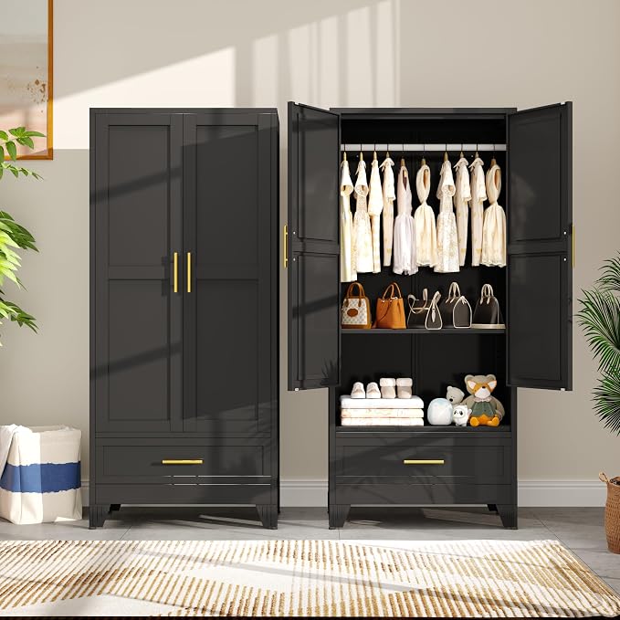 PAOFIN 71" Metal Armoire Wardrobe Closet Storage Cabinet with Hanging Rod,Metal Clothing Cabinet with 1 Drawer and Adjustable Shelf for Bedroom, Laundry Room(Black)