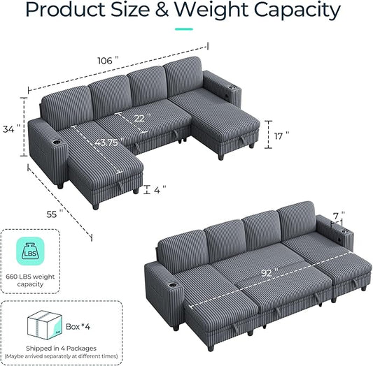 LINSY HOME Sectional Sofa with Pull Out Bed, 4 Seats Corduroy Reversible Sleeper Sofa with Storage Seats, USB Ports, Cup Holders, Side Pocket, U Shape Sectional Couches for Living Room, Gray