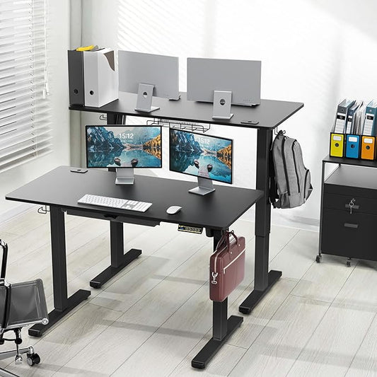 SHW 48-Inch Electric Height Adjustable Standing Desk with Drawer, Memory Preset and Cable Management Tray, Black