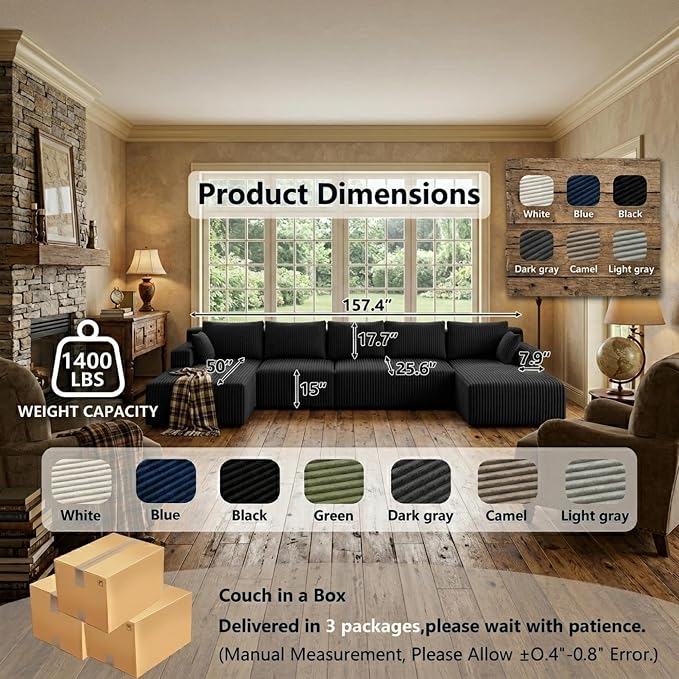 Flexible Combination Cloud Sectional Boneless Couches with Double Chaise,157" Oversized U Shaped Modular Sofa No Assembly Required Foam-Filled Deep Seat Sofa & Couch for Living Room,Apartment