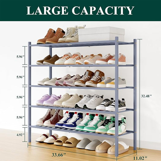 Smiry Long Bamboo Shoe Rack, 5 Tier Free Standing Wooden Shoe Organizer, Stackable Wood Shoe Storage Shelf for Closet, Entryway, 12 Vertical Slats, 2+2+1 Stack Standard Legs, 33.7"x11"x32.5", Grey