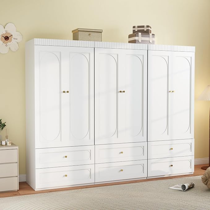Wooden Wardrobe Closet with Doors: 75" Tall White Armoire Wardrobe Closet with 6 Drawers and 6 Doors, Modern Clothes Cabinets for Bedroom Armoires with Hanging Rod (6-Drawers, 94.5")
