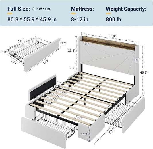 Allewie Full Size Velvet Bed Frame with 3 Storage Drawers, Upholstered Platform Bed with Wingback Storage Headboard and USB Ports, No Box Spring Needed, Easy Assembly, White