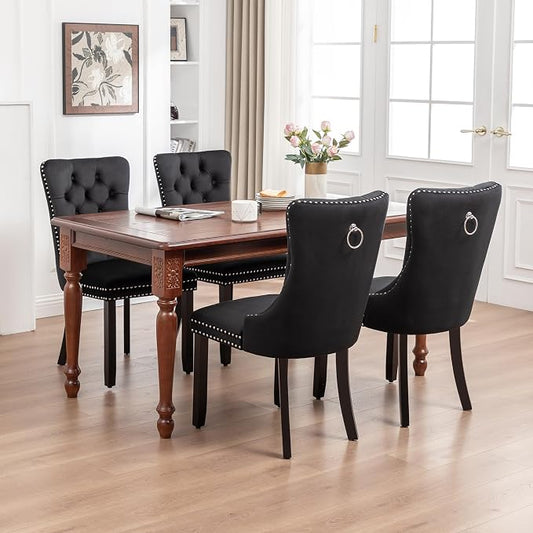 Mid Century Modern Dining Chair Set of 4 Velvet Upholstered Dining Room Chair Farmhouse Dining Accent Chairs with High Back and Nailhead Trim for Kitchen, Living Room, Bedroom (Black)